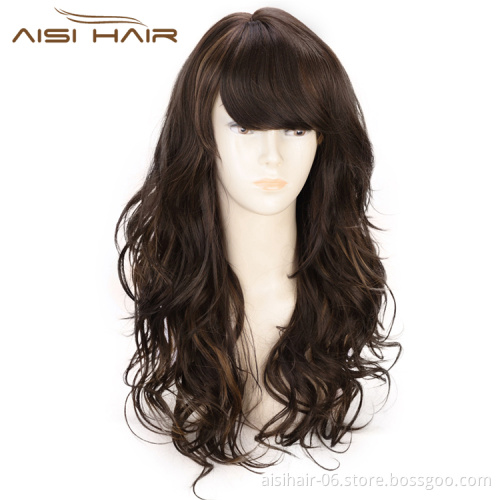 Aisi Hair Long Wavy Brown Bang Wig Heat Resistant Synthetic Hair Wig For Black White Women Fashion Cosplay Christmas Wigs
